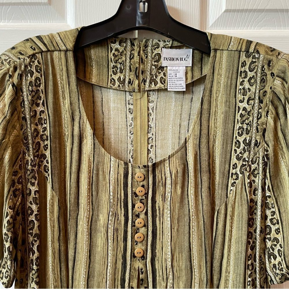FASHION BUG SAGE GREEN WITH STRIPES & ANIMAL PRINT SHORT SLEEVE DRESS SIZE 18 - Picture 5 of 7